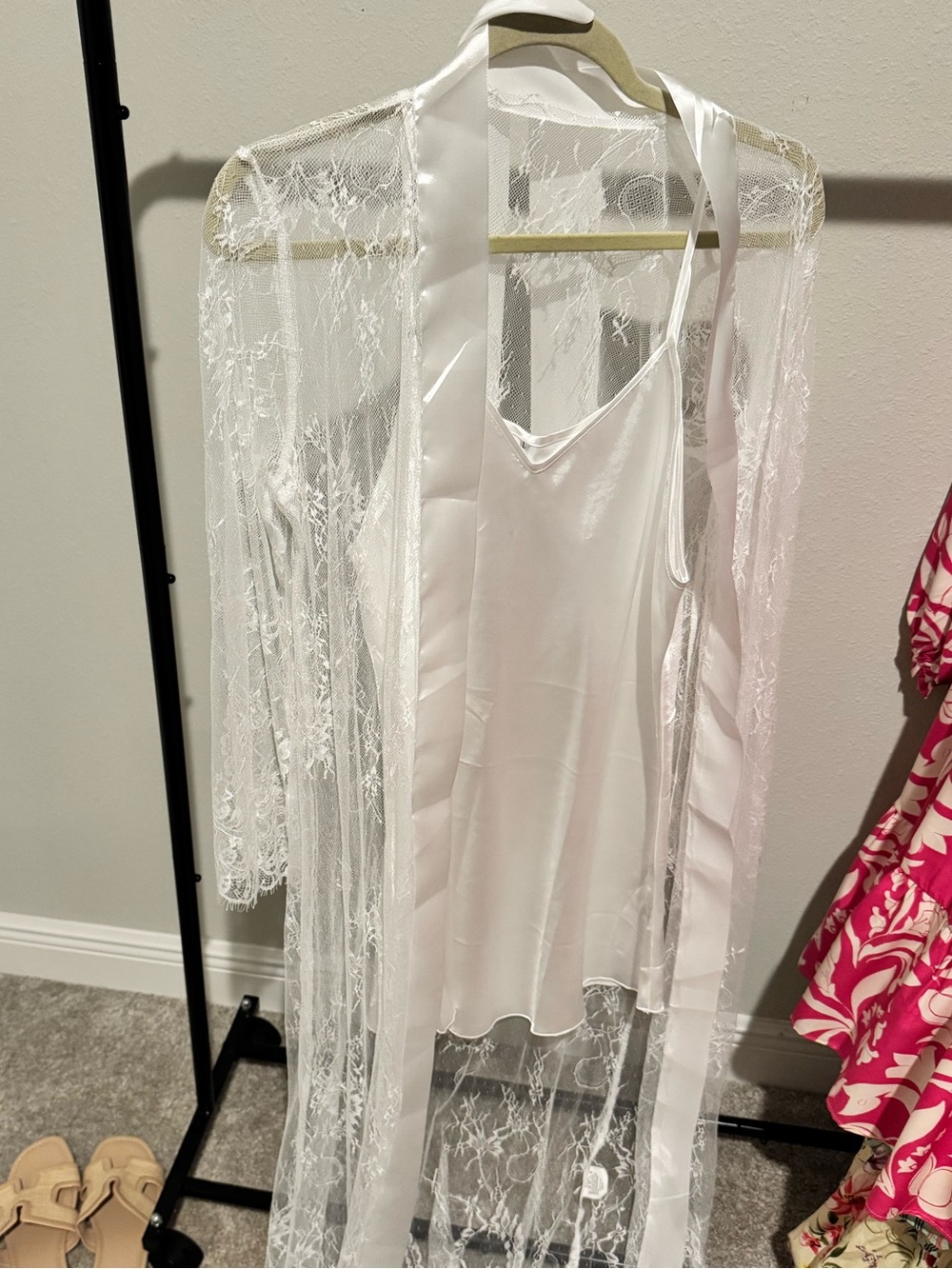 Sheer White Lace Robe with Satin Trim